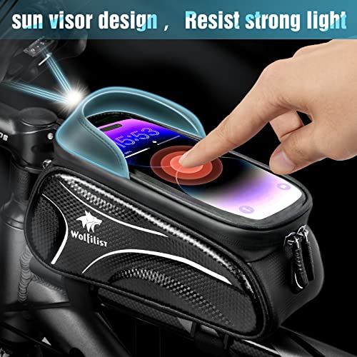 WOLFILIST Bike Frame Bag - Waterproof Bicycle Phone Holder Bike Accessories | 3D EVA Hard Shell with TPU Touchscreen & Rain Cover, Fits 7" Phones 1.5/2L Large Capacity Straps for Bike/E-Bike Adult Gifts