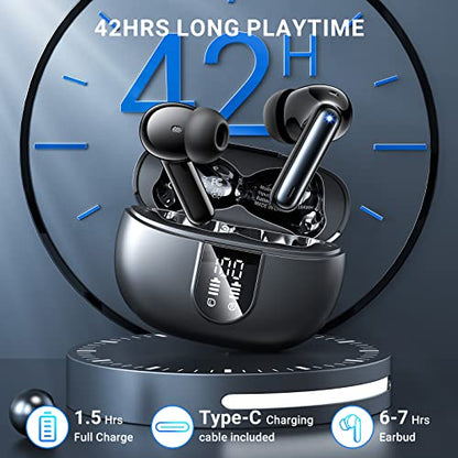 Wireless Earbuds, 2024 Wireless Headphones HiFi Stereo Earphones with 4 ENC Noise Canceling Mic, 42Hs Playtime In Ear Earbud, Bluetooth 5.3 Sport Earphones with LED Power Display for Android iOS Black - color: Black