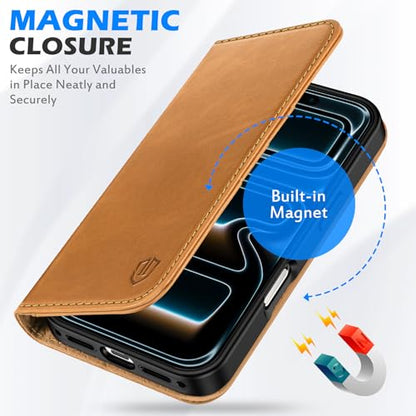 SHIELDON Genuine Leather Wallet Case for iPhone 17 6.3", Retro Light Brown | Magnetic Closure, RFID Blocking, Credit Card Slot, Kickstand, Flip Book Design, Shockproof Phone Cover - color: Retro Light Brown