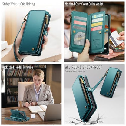 Defencase for Samsung Galaxy S26 Ultra Wallet Case with Card Holder, Green | with RFID Blocking Zipper Pocket, Durable PU Leather, Wrist Strap, S26 Ultra Flip Phone Cases Cover with Stand for Women Men - color: Blue Green