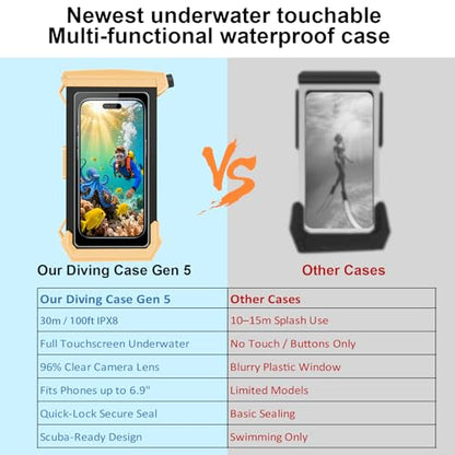100FT/30M Gen 5 Diving Phone Case, Full Touchscreen Underwater Housing for iPhone 17-12 Pro Max & Samsung Galaxy S26 - S21, IPX8 Scuba Photo/Video Waterproof Case - color: Black_Orange