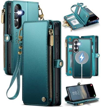 Defencase for Galaxy S26 Case Wallet Compatible with Magsafe, Blue Green | Magnetic Detachable, with RFID Bolcking Card Holder, Zipper Strap, PU Leather Drop-Proof Phone Cover for Samsung Galaxy S26 - color: (Detachable with Magsafe)-Blue Green