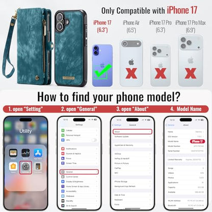 Compatible with iPhone 17 Wallet Case with Magsafe,Blue | Magnetic Detachable Case,Card Holder,Zipper Pocket,Strap Wristlet, Soft Leather Drop-Proof Phone Case for iPhone 17 6.3" - color: (Detachable and Magsafe)-Blue, size: iPhone 17 6.3 Inch