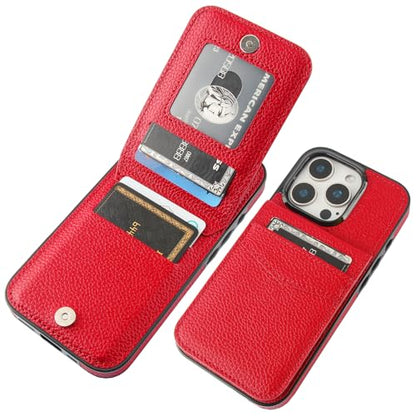 KIHUWEY for iPhone 16 Pro Wallet Case Card Holder Kickstand, Lichee Red | Credit Card Slots, PU Leather, Magnetic Clasp, Flip Heavy Duty Protection Cover for Men and Women - color: Lichee Red