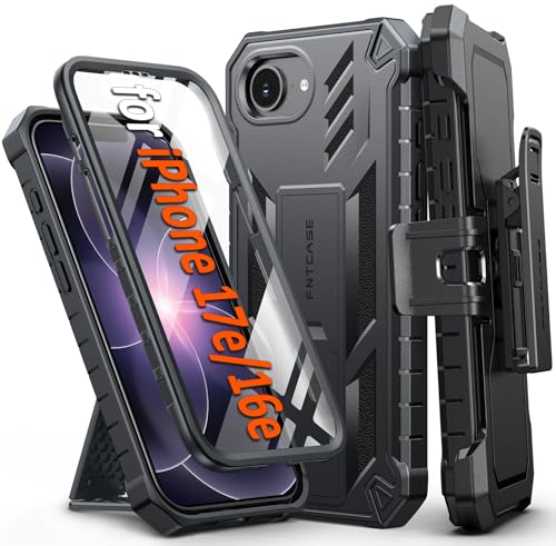 FNTCASE for iPhone 17e/16e Case with Belt Clip, Built-in Screen Protector | Rugged Kickstand, 20FT Military-Grade Drop Protection, Full Body Heavy Duty Shockproof Holster, Hard Protective Cover Black - color: Black, size: For Iphone 17E/16E (6.1 Inch)