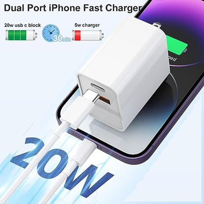 USB C Wall Charger,Dual Port 10FT iPhone Charger 20W PD+QC3.0 Power Adapter - color: White 10FT