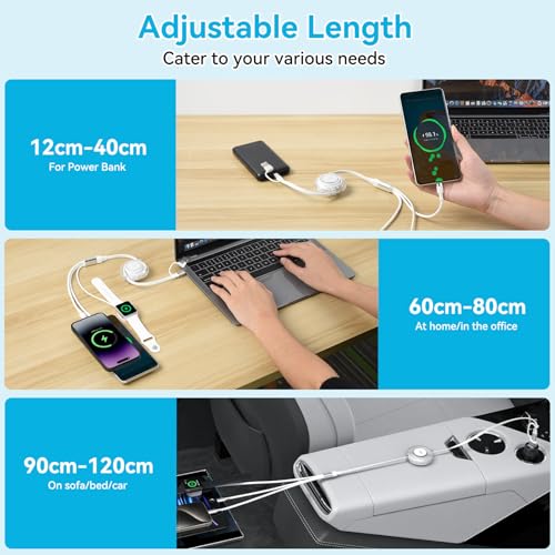 aceyoon Multi Charging Cable, Multi Charger 3 in 2 Multiple Ends Universal Charging Cord, 100W Retractable USB C Lighting Cable for iPhone 16 15 14 13