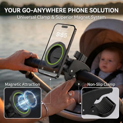 Heavy Duty Magnetic Phone Mount for Gym & Spin Bikes, N52 Clamp for Peloton/Treadmill/Stroller/Golf Cart, 360° Rotatable, Compatible with MagSafe iPhone 12-17 - color: green