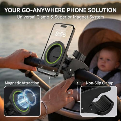Heavy Duty Magnetic Phone Mount for Gym & Spin Bikes, N52 Clamp for Peloton/Treadmill/Stroller/Golf Cart, 360° Rotatable, Compatible with MagSafe iPhone 12-17 - color: green