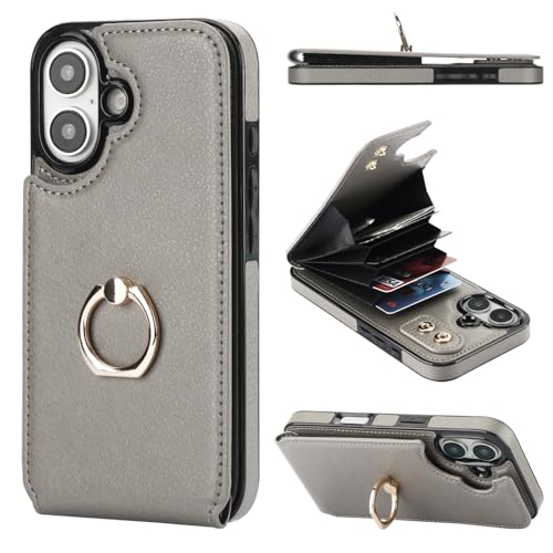 Folosu Compatible with iPhone 16 Case Wallet with Card Holder, 360°Rotation Finger Ring Holder Kickstand, RFID Blocking Leather Protective Double Buttons Shockproof Cover 6.1 Inch Gray - color: Gray