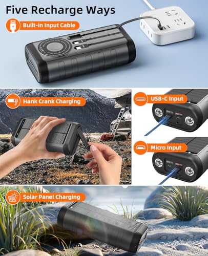 Solar Charger Power Bank 59800mAh, 6 Outputs & Hand Crank, Emergency Use - color: Grey Black