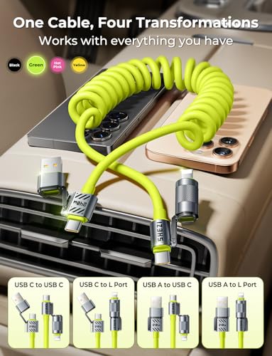 240W 4 in 1 Coiled USB C Cable, 5FT CarPlay & Android Auto Cable - color: Green, size: 240W, style: Coiled Cable