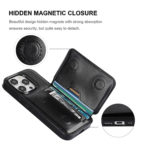 KIHUWEY Compatible with iPhone 15 Pro Wallet Case Credit Card Holder, Premium Leather Kickstand Flip Hidden Magnetic Clasp Durable Shockproof Protective Cover for iPhone 15 Pro 6.1 inch (Black) - color: Black