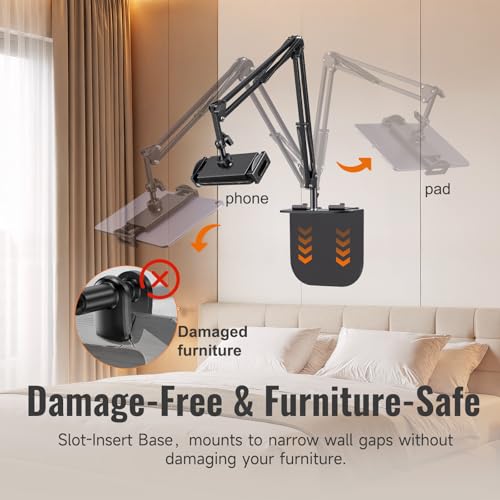 Phone Holder for Bed & Kindle Holder for Bed, Overhead Cell Phone Mount, Adjustable 360° Rotatable Metal Tablet Stand Holder for iPad Pro Air Mini, iPhone17/16, Kindle Other 5-12.9 Inch Devices