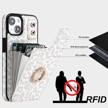 HAOPINSH for iPhone 13/ iPhone 14 Wallet Case with Card Holder, 360°Rotation Ring Kickstand, White Leopard Cheetah Pattern, RFID Blocking Leather for Girls Women, Double Buttons Flip 6.1" - color: White Leopard