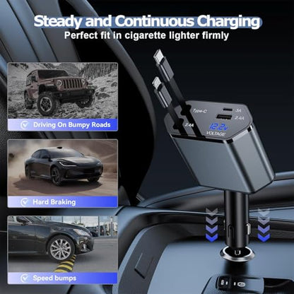66W Retractable Car Charger Fast Charging,4 in 1 Car Charger USB Fast Charge with Retractable USB C Cable + Lightning Cable,USB C Port and USB A Port Car Phone Charging for iPhone 17/16/15/14/13,iPad