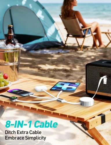 Retractable Apple Watch Charger - 100W 4 in 1 Retractable Charging Cable with USB-C, Lightning, Micro USB & Apple Watch Charger for iWatch/iPhone 17/16/15/14/13/12/Android/iPad/Tablet/Laptop, White