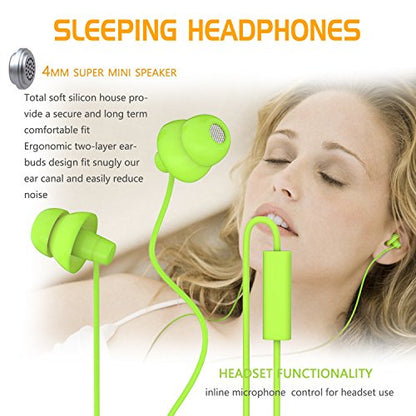 MAXROCK Wired Sleep Earphones Soft Sleep Earbuds Total Silicon Sleeping Headphones with in-line Mic for Cellphones, Mp3, Tablet pocasts 3.5mm, Green