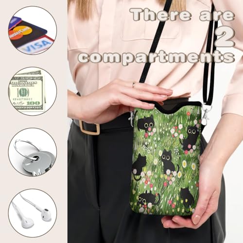 Universal Phone Sleeve Pouch with Crossbody Strap 7.6 X 4.3 Inches Shockproof Water Resistant Mobile Protection Bag-Black Cat Floral Neoprene Phone Pouch Bag - color: Black Cat Floral-Phone Pouch