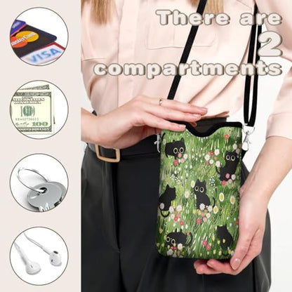 Universal Phone Sleeve Pouch with Crossbody Strap 7.6 X 4.3 Inches Shockproof Water Resistant Mobile Protection Bag-Black Cat Floral Neoprene Phone Pouch Bag - color: Black Cat Floral-Phone Pouch