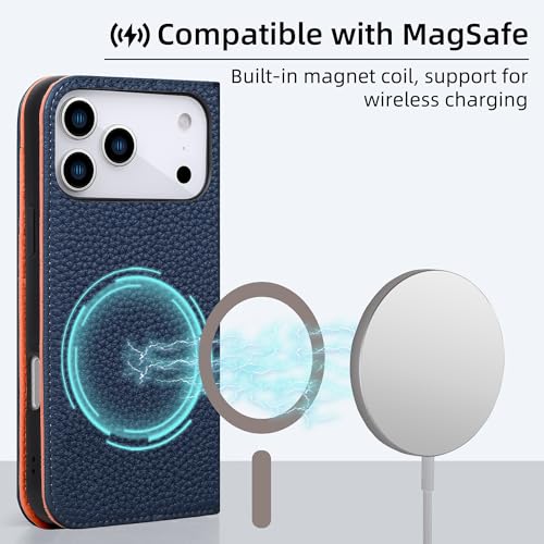 VISOUL Genuine Leather Wallet Case for iPhone 17 Pro Max 6.9" 2025, Pebbled Leather Flip Cover | RFID Blocking 4 Card Holders | Kickstand | Soft Inner Phone Shell | Blue+Orange - color: Blue+Orange