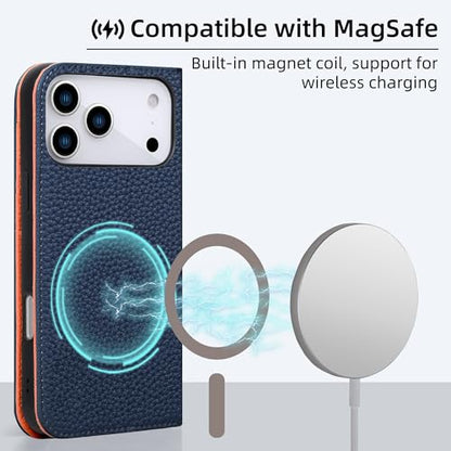 VISOUL Genuine Leather Wallet Case for iPhone 17 Pro Max 6.9" 2025, Pebbled Leather Flip Cover | RFID Blocking 4 Card Holders | Kickstand | Soft Inner Phone Shell | Blue+Orange - color: Blue+Orange