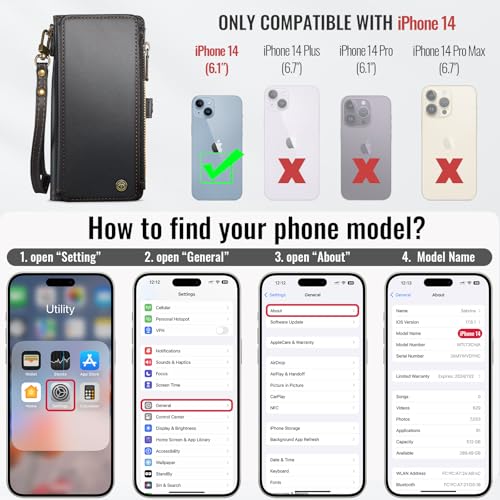 Defencase for iPhone 14 Wallet Case with RFID Blocking Card Holder, Black | Durable Soft PU Leather, with Zipper Pocket, Wrist Strap, Fashion Snap Flip Phone Cases Cover with Stand for Women and Men - color: Black