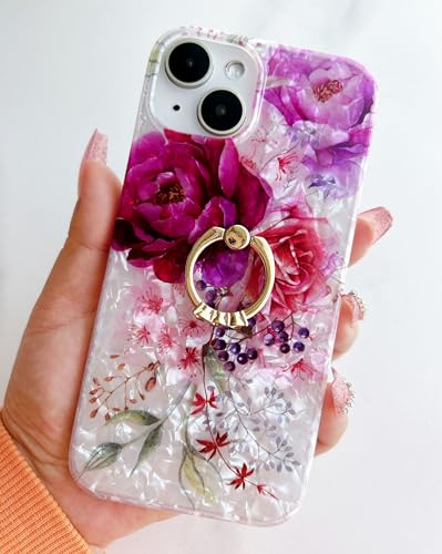 Qokey for iPhone 13/14 Case 6.1 inch,Flower Design Cute Clear for Women Girls with 360 Degree Rotating Ring Kickstand Soft TPU Shockproof Cover Purple Red - color: Fuchsia