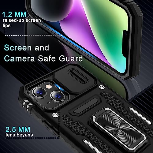 DEERLAMN Case for iPhone 13/iPhone 14 6.1-Inch with Slide Camera Cover+Screen Protector(2 Packs),Rotated Ring Kickstand Military Grade Shockproof Protective Cover-Black - color: Black