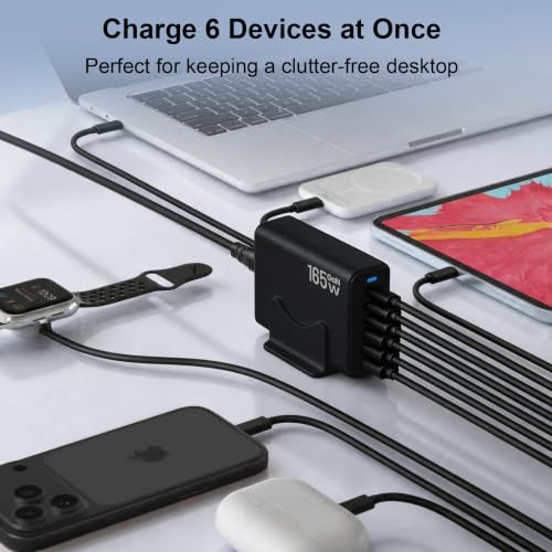165W Charging Station, 6 Port Desktop Charger, 3 Ports 40W Black - color: Black