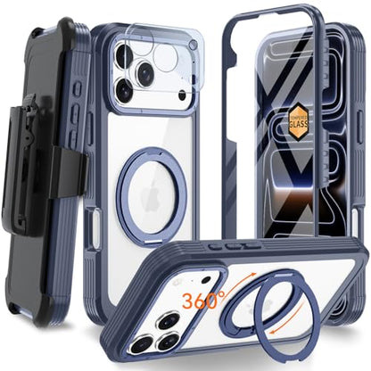 Magnetic for iPhone 17 Pro Case, Compatible with MagSafe, Full Body Rugged Case with Built-in Screen Protector & Kickstand & Belt-Clip (Blue) - color: Blue