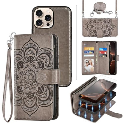 Asuwish Phone Case for iPhone 16 Pro 6.3 inch Zipper Wallet Magnetic Detachable Cell Cover with Tempered Glass Screen Protector Crossbody Strap Flower Card Holder i Phone16 i16 16Pro Women Girls Gray - color: Gray
