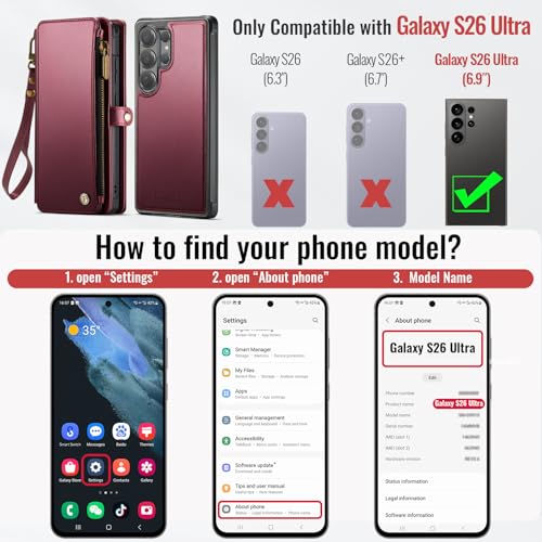 Defencase for Galaxy S26 Ultra Case Wallet Compatible with Magsafe, WineRed | Magnetic Detachable, RFID Bolcking Card Holder, Zipper Strap, PU Leather Drop-Proof Phone Cover for Samsung Galaxy S26 Ultra - color: (Detachable with Magsafe)-Wine Red