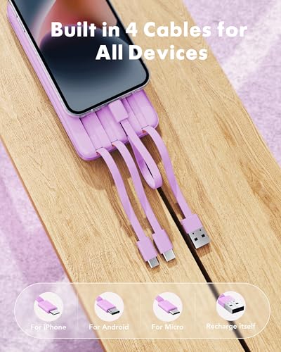 charmast Portable Charger Built-in Cables, 20000mAh Power Bank 6-Output | Travel Fast Charging Battery Pack for iPhone 17/16/15 Samsung Android, Flight-Approved, Multi-Device, USB-C & USB-A, LED % - color: Purple