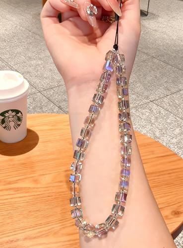 Crystal & Pearl Phone Charm Wrist Strap, Beaded Lanyard Wristlet Chain, Hands-Free Bracelet Strap for Phone Cases - color: Cube-purple