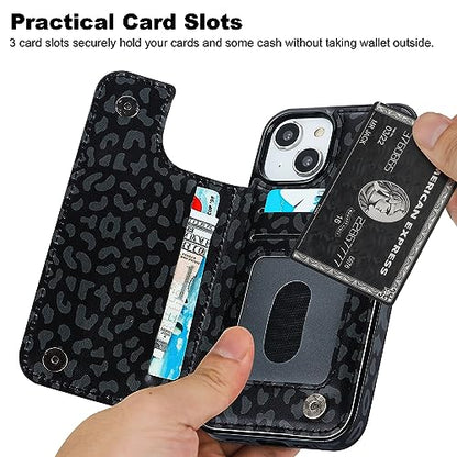 HAOPINSH for iPhone 13/14 Wallet Case with Card Holder, Black Leopard Cheetah Pattern Back Flip Case PU Leather Kickstand Card Slots Case for Women Girls, Double Magnetic Clasp Cover 6.1" - color: Black Leopard