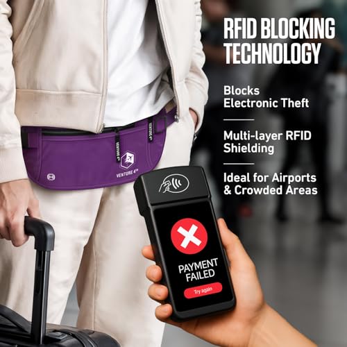 VENTURE 4TH Travel Money Belt, RFID Blocking Passport Holder - Purple - color: Purple