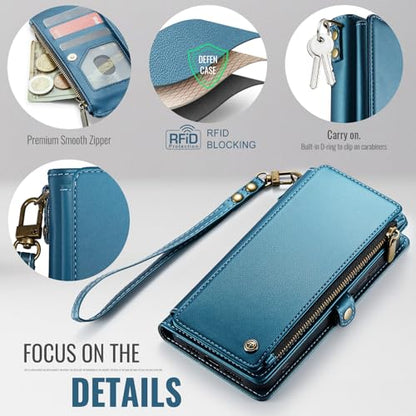 Defencase for Samsung Galaxy A16 5G Wallet Case with Card Holder, Dark Blue | RFID Blocking, Zipper Pocket, Durable PU Leather, Wrist Strap, Fashion Snap Flip Phone Cases Cover with Stand for Women Men - color: Dark Blue