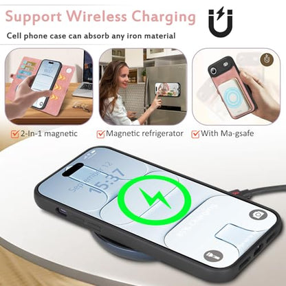 for Wallet Case Compatible with iPhone 17 Air,Multi-Function Detachable 2 in 1 Magnetic iPhone 17 Air Case Wallet,Flip Strap Zipper Card Holder Phone Case with Shoulder Straps (Pink) - color: Pink, size: iPhone 17Air