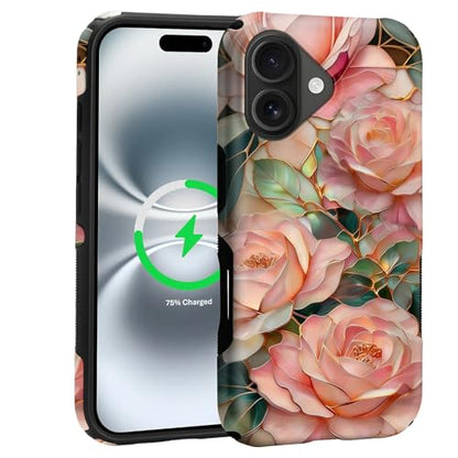 Case for iPhone 16 Plus | Anti-Slip Side Handle| Bold Protective Design | Compatible with MagSafe | Stained Glass Pink Flower | - color: Stained Glass Pink Flower, size: iPhone 16 Plus
