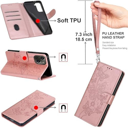 Wallet Case for Samsung Galaxy S23 FE, Rose Gold Butterfly | Women Flip Folio Cover, Embossed PU Leather, Stand, Credit Card Holders Slots, Wrist Strap - color: 7