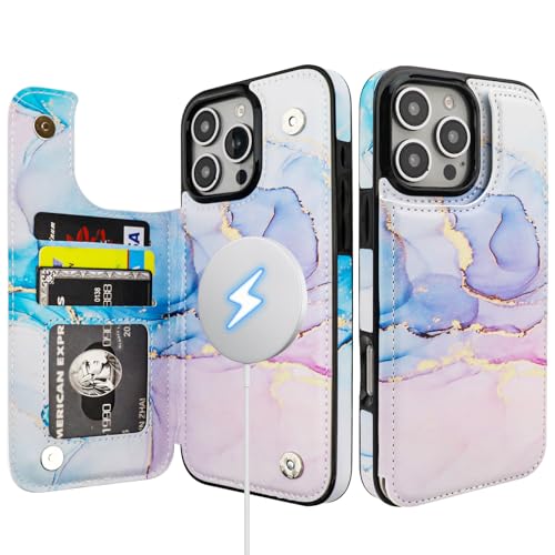 HAOPINSH for iPhone 16 Pro Max Case Wallet Compatible with MagSafe Wireless Charging, Pink Blue Marble Pattern Back Flip Folio PU Leather Kickstand Card Slots Case Double Magnetic Clasp Cover 6.9" - color: Pink Blue Marble for MagSafe