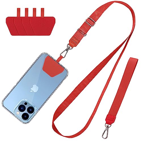 CACOE Phone Lanyard 2 Pcs-1 Pcs Adjustable Neck Strap,1 Pcs Wrist Strap,4 Pads,Universal Crossbody Multifuctional Cell Phone Lanyards Compatible with Most Smartphones(Red) - color: Red