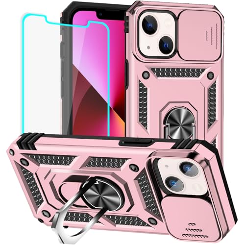 HNHYGETE for iPhone 13 Case with HD Screen Protector: [Military Grade 20ft. Drop Tested] Slide Camera Cover Ring Shockproof Protective Phone Case for - iPhone 13 (Rose Gold) - color: Rose Gold, size: iPhone 13