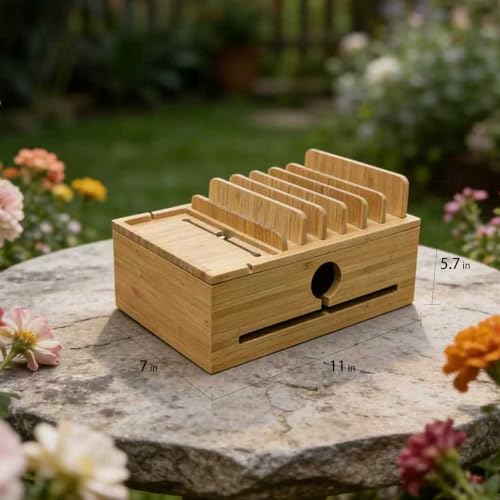Bamboo Charging Station Organizer for Multiple Devices with 5 Cables