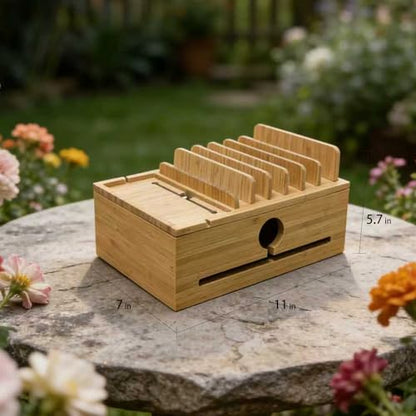 Bamboo Charging Station Organizer for Multiple Devices with 5 Cables