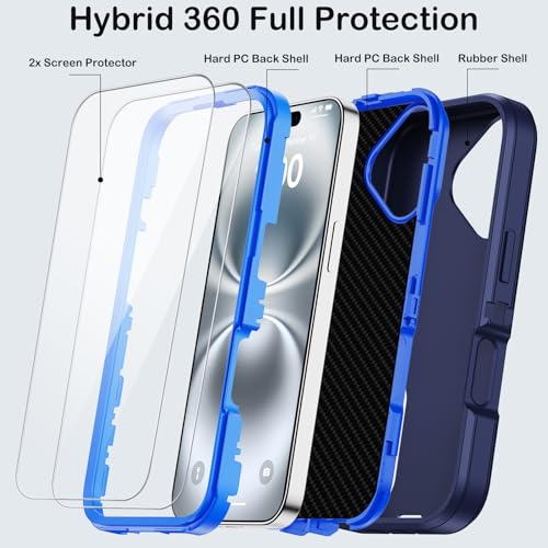 for iPhone 16 Case with Screen Protector, Heavy Duty Shockproof Drop Protection Military Grade Tri-Layer Full Covered Rugged Durable Cell Phone Cover with Built-in Invisible Kickstand 6.1" (Blue) - color: Blue