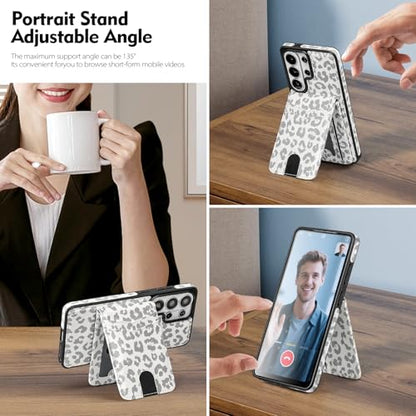 SkyEagle Compatible Magsafe 2 in 1 Detachable Samsung Galaxy S26 Ultra Wallet Case Card Holder Women Men,Magnetic PU Leather Phone Case RFID Blocking Flip Kickstand Credit Slots,Leopard-White