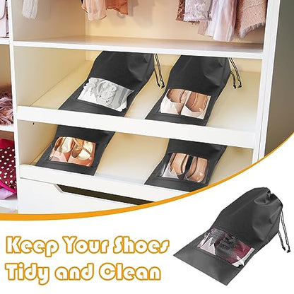 Black Travel Shoe Bags - 5 Pcs Non-Woven Packing Bags with Clear Window | 15.7" x 11.8" Waterproof Dustproof Portable Travel Shoe Storage Bag for Men and Women - color: Black, style: 5 Pack