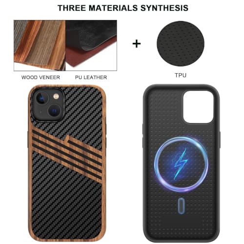 TENDLIN Magnetic Case Compatible with iPhone 15 Case Wood Grain with Carbon Fiber Texture Design Leather Hybrid Slim Cover (Compatible with MagSafe) Three Stripe - color: Magnetic Three Stripe, size: iPhone 15